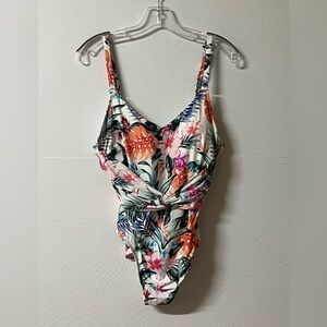 Jantzen White Floral Tropical One Piece Swimsuit Bathing Suit Size 14